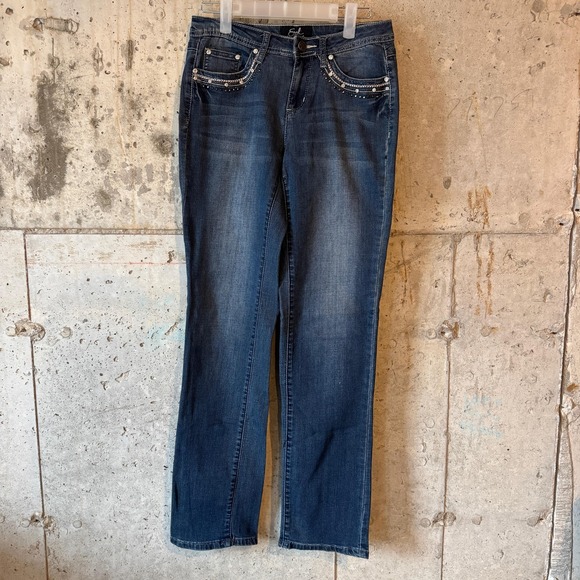 Earl Jeans Denim - Earl Jean Jeans Womens 4 Blue Mid Rise Straight Leg Lace Rhinestone Studded